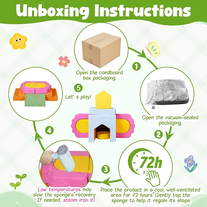 13-Piece Modular Foam Climbing Blocks Set for Toddlers - Floral Soft Play Structure for Indoor Crawling & Climbing Play with Washable Cover for Bedrooms, Playrooms, Daycares and Schools,Multicolor