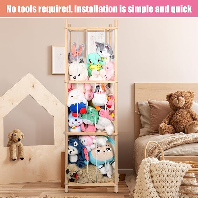 Wooden Stuffed Animal Storage Zoo Stuffed Animal Holder,Space Save Vertical Stuffed Animals Organizer with Elastic for Bedroom Playroom Nursery (59'' H (3-Shelf))