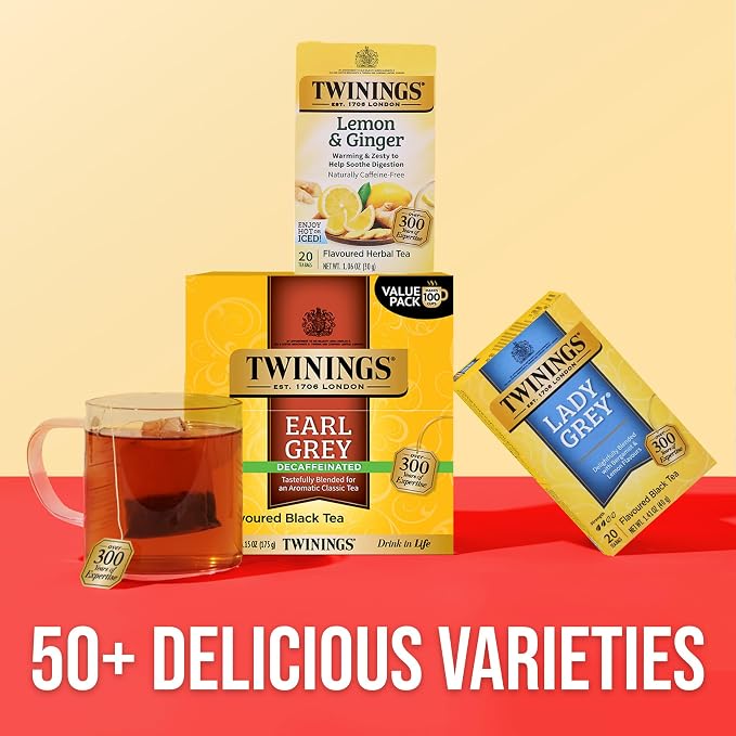 Twinings Decaffeinated Earl Grey Black Tea Individually Wrapped Bags, 100 Count (Pack of 1), Flavoured with Citrus and Bergamot, Enjoy Hot or Iced, 100 Teabags