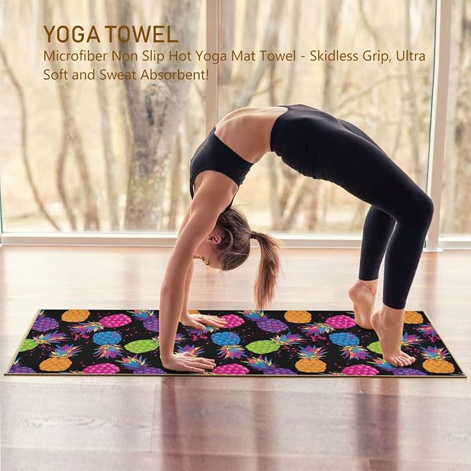 Tropical Colorful Pineapple Yoga Towel, Non-Slip Hot Yoga Mat Towel Sweat Absorbent for Pilates and Workout 73 x 27 in