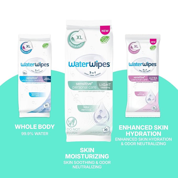 WaterWipes Sensitive Personal Care Light, Incontinence Wipes, Odor Removal, XL Textured Wipes, Fragrance Free, 540 Count (18 Packs)