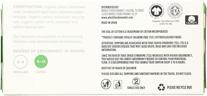 365 by Whole Foods Market, Tampons with Cardboard Applicators, Super Absorbency, Made with Organic Cotton, Unscented, 14 Count