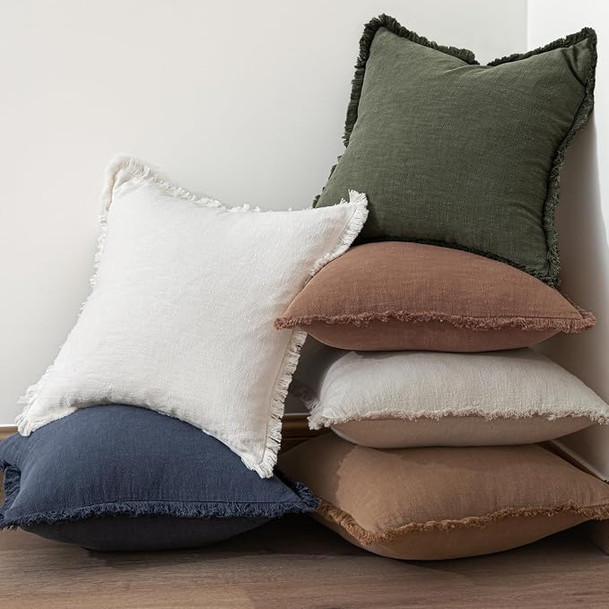 MIULEE Boho Linen Fringe Decorative Throw Pillow Covers Rifle Green 20x20 | Set of 2, Cottagecore Decor, Boho Farmhouse Neutral Pillow Covers, Rustic Couch Cushion Cases for Sofa Bed Living Room