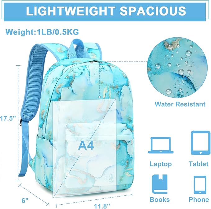Bluboon Teen Girls School Backpack Kids Bookbag Set with Lunch Box Pencil Case Travel Laptop Backpack Casual Daypacks (Marble Gold blue)