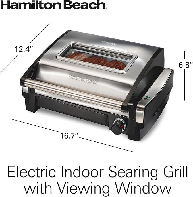 Hamilton Beach Electric Indoor Searing Grill With Lid & Viewing Window | Adjustable Temperature Control To 450°F | 118 sq. in. PFAS-Free Removable Non-Stick Cooking Surface | Stainless Steel