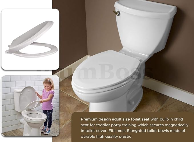 E2000 Elongated Toilet Seat with Built in Potty Training Toddlers Seat Magnetic Kids Seat Fits both Adult and Child Plastic Off white