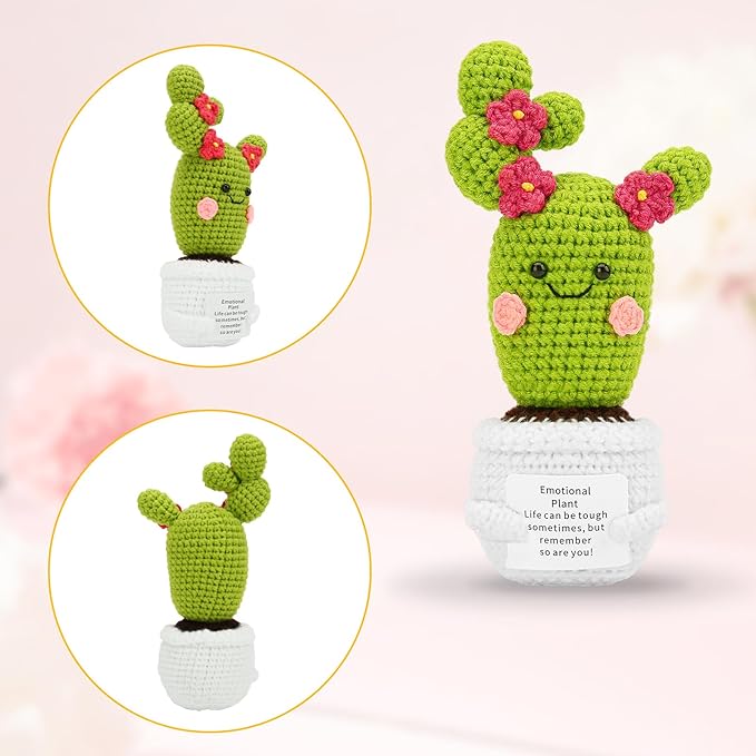 Hoedia Handmade Emotional Pickle Gift, Emotional Cucumber Crochet Doll Inspirational Gifts with Cards, Cute Knitted Funny Support Pickle Potato Friend Birthday (Blossom Cactus)