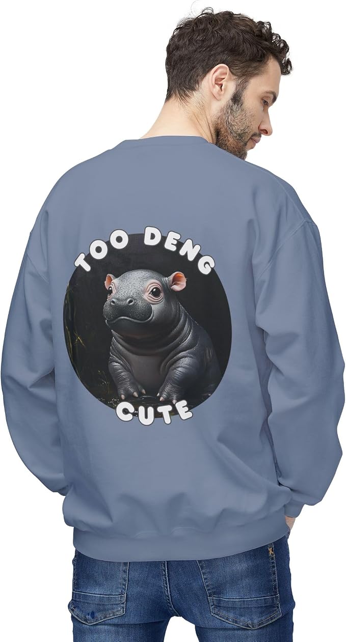 Unisex Fleece Crewneck Sweatshirt - Too Deng Cute Moo Deng Hippo, Cozy Cotton Blend, Classic Relaxed Fit