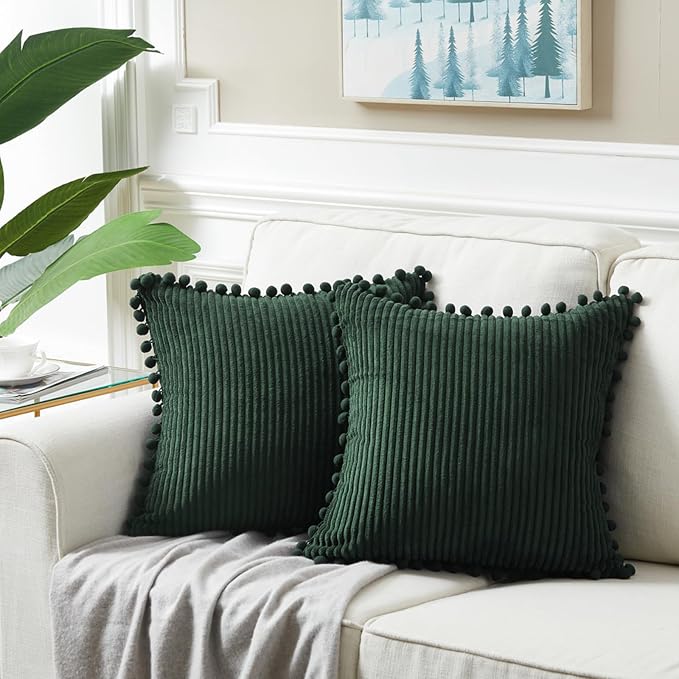Fancy Homi Pack of 2 Dark Green Decorative Throw Pillow Covers 26x16 Inch with Pom-poms for Couch Bed Living Room, Soft Corduroy Solid Square Cushion Case 66x66 cm, Farmhouse Boho Home Decor