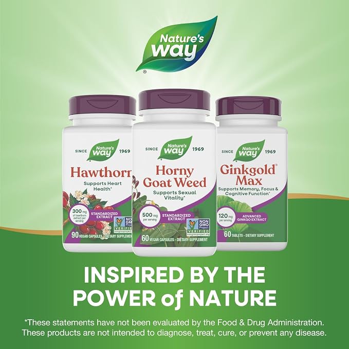 Nature's Way Horny Goat Weed, Standardized Extract, Supports Sexual Vitality*, 500 mg per Serving, Non-GMO Project Verified, 60 Vegan Capsules (Packaging May Vary)