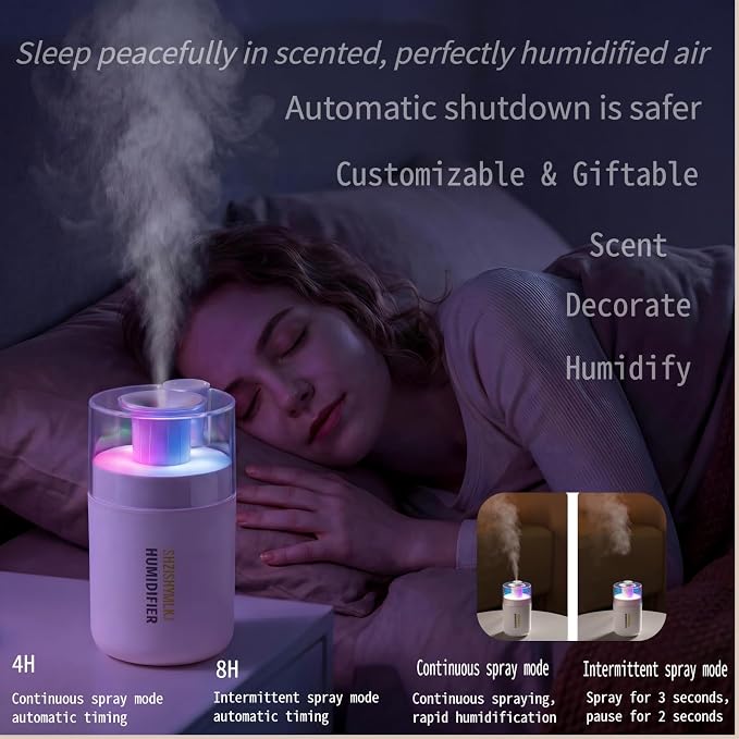 Mini 2-in-1 Humidifier & Aroma Diffuser, 7-Color LED Light, USB Portable, 4/8H Timer, Auto Shut-Off, Ideal Personal Gift/Family/Friends/Loved Ones (pink, 2.8 * 3.2 * 4.7)