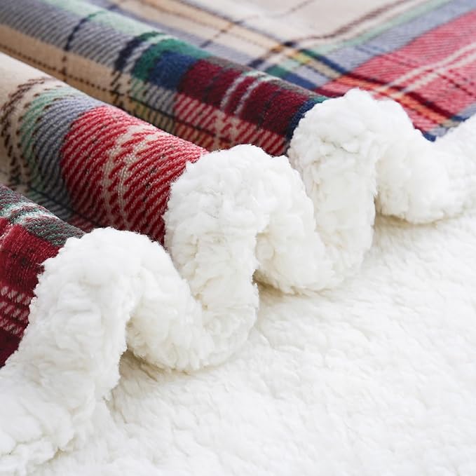 PU MEI Sherpa Fleece Throw Blanket 80" x 90" Reversible Plush Fluffy Large Big Blanket Lattice Flannel Blankets for All Season Use, Chrismas Red