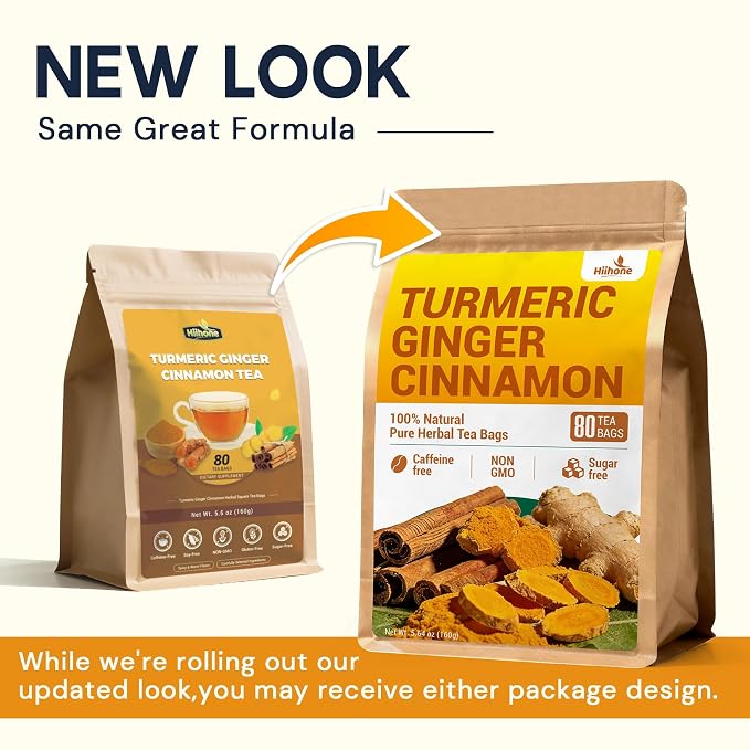 Turmeric Ginger Cinnamon Tea Bags, Turmeric Ginger Herbal Tea, No Sugar, No Caffeine, 80 Teabags