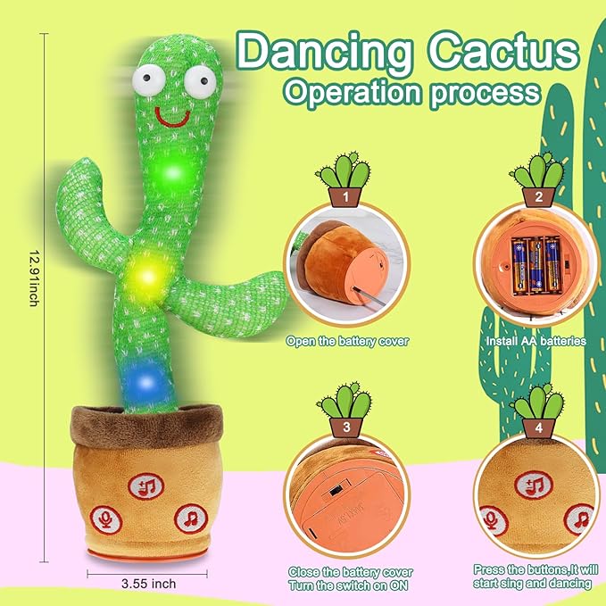 Dancing Cactus Talking Baby Toys, Talking Cactus Mimicking Toys Repeating What You Say Singing Recording with Volume Adjustable & 120 English Songs Plush Toy Birthday Gifts for Kids Boys Girls