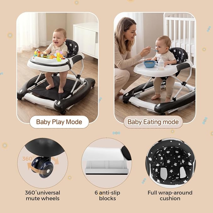 5 in 1 Baby Walker, Music and Lights Foldable Baby Walker with Wheels, 3 Adjustable Heights, with Bouncer Combo, Rocker, Activity Walker for Baby Boy and Girl 6-18 Months (Black)