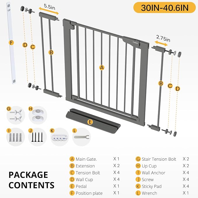 Cumbor 30-40.6" Baby Gate for Stairs and Doorways, Mom's Choice Award Winner, Pressure Mounted Indoor Dog Gate, Easy Walk Through Door, Child Safety Double-Lock, Pet Friendly, Cool Gray