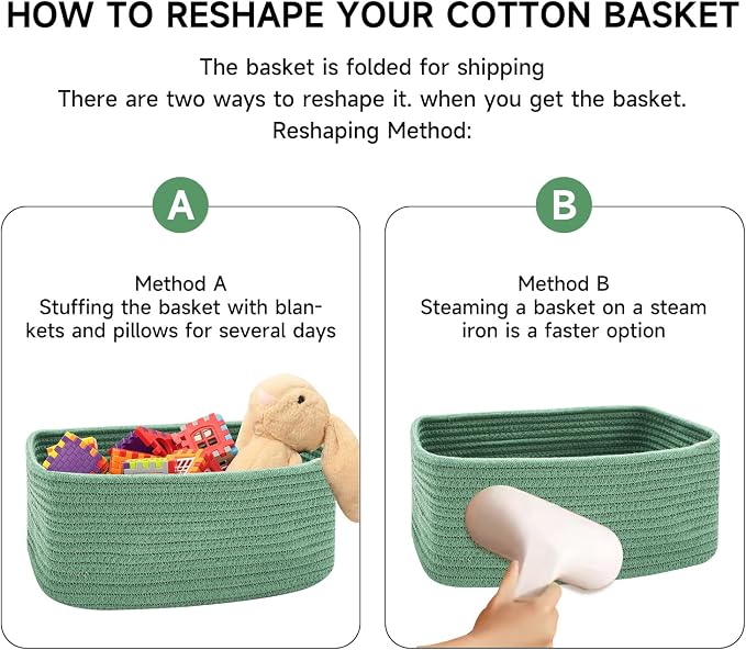 MiniArk Small Storage Baskets for Organizing | Closet Organizer Bins | Shelf Toy Basket | Woven Rope Baskets | Cube Decorative Box | Shallow Basket | 11.5x7.5x4.7” | 4 Packs Green
