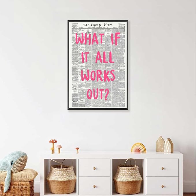 What If It All Works Out Poster Retro Newspaper Pink Font Canvas Wall Art Positive Affirming Quote Minimalist Prints Painting For Home Bedroom Dorm Wall Decor 12x16in Framed