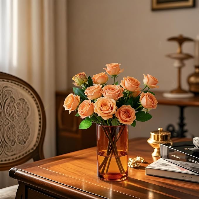 12pcs 6 Inch Amber Glass Cylinder Vases for Centerpieces | Flower Vases for Wedding, Home & Party Decor, Hurricane Floating Candle Holders for Table & Shelf