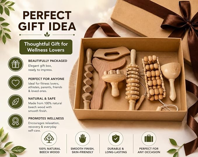 7-in-1 Wood Therapy Massage Tools Set, Wood Therapy Kit for Lymphatic Drainage, Maderoterapia Wooden Massager, Anti Cellulite Body Sculpting Roller, Body Contouring Tool for Waist, Legs & Back