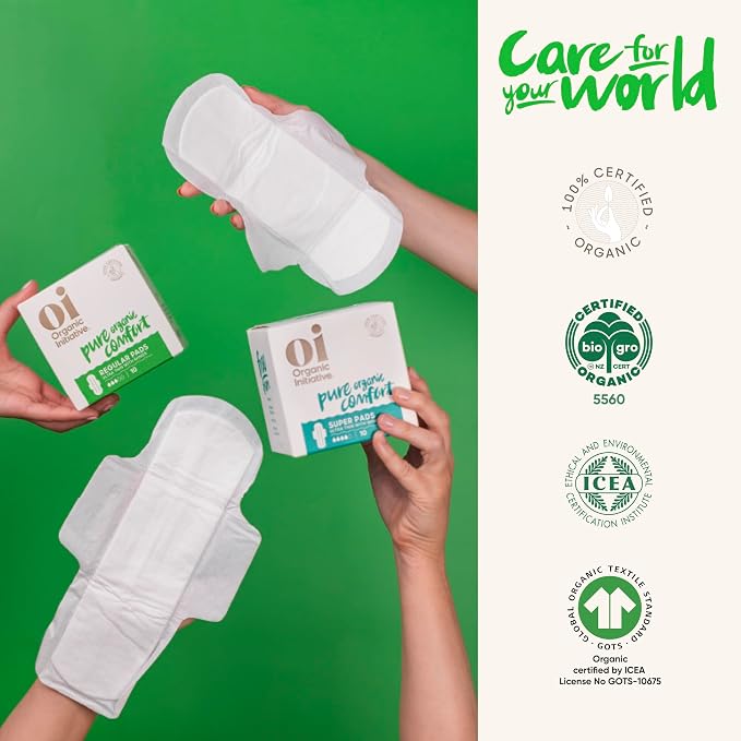 Oi | Organic Initiative - Ultra-Thin Pads with Wings | 100% Certified Organic Cotton, Unscented | Leak Free, Biodegradable | Non-GMO, Toxin Free (Regular/Super, 20, Count)