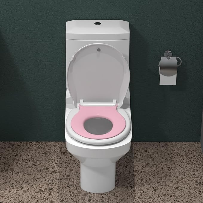 17" Round Pink Toilet Seat with Built-In Potty Training Seat, Soft Quiet-Close Non-Slip Design for Adult and Child, Magnetic Kids Seat and Cover, Easy to Install and Clean for Round Toilets