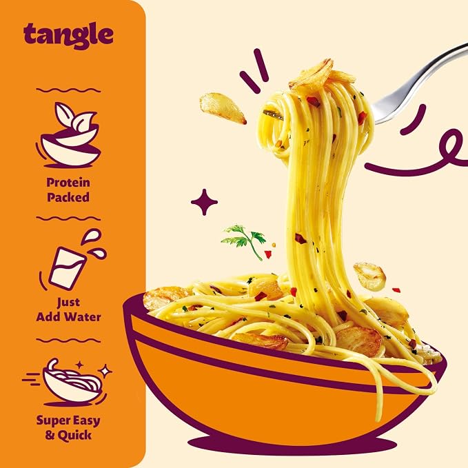 Tangle Garlic Oil Instant Pasta, 15g Protein Linguine, 6g Fiber, 4-Pack | 15g protein, 6g fiber per serving; Chickpea-based air-dried noodle; Roasted garlic and olive oil with a spicy kick
