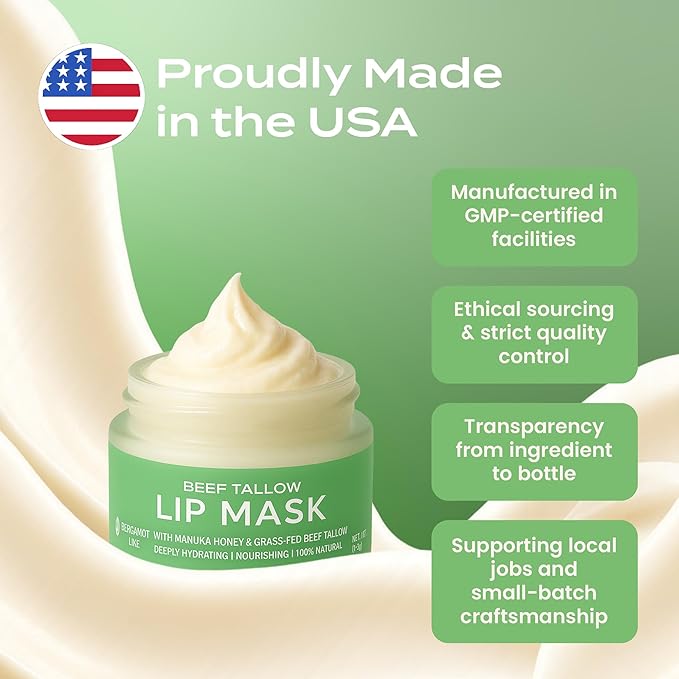 Body Restore Grass Fed Beef Tallow Lip Mask, with Manuka Honey – Valentines Day Gifts for Her and Him, Hydrating Moisture, Travel Essentials, Self Care, Birthday Gifts for Women and Men – Bergamot