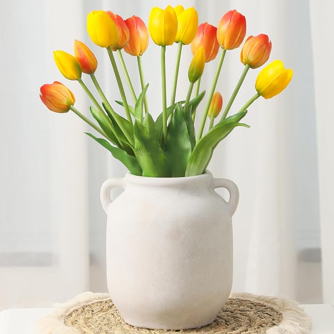 Vanselia Ceramic Flower Vase Home Table Decor Living Room Farmhouse 7.6 in | Small White Rustic Decorative Flowers Vases Plant Modern Decoration for Kitchen Shelf Coffee Dining Centerpieces Desk