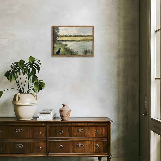 Framed Vintage Hunting Black Dog Wall Art, Rustic Country Nature Landscape Pictures Wall Decor, Farmhouse Animal Paintings Canvas Prints Aesthetic Home Decor for Living Room Bedroom 16x24 inch
