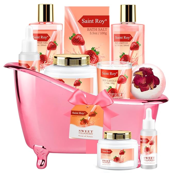 Spa Gift Basket, Spa Kit for Women, Bath & Body Gift Set, Home Spa Bath | Strawberry Scented Bath Gift Basket Set Christmas Gifts, Pamper Kit for Girls & Teens, Birthday Gift, Bath Self Care Gift