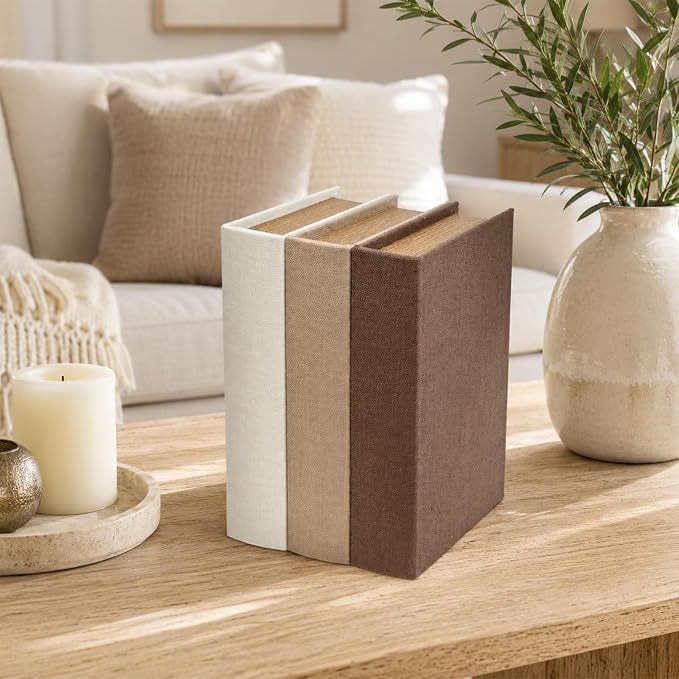 Decorative Linen Faux Book Storage Box Neutral Decorative Book Accent,12" | Vintage book style, faux linen texture, hidden storage, shelf decoration, farmhouse home decor, office organization