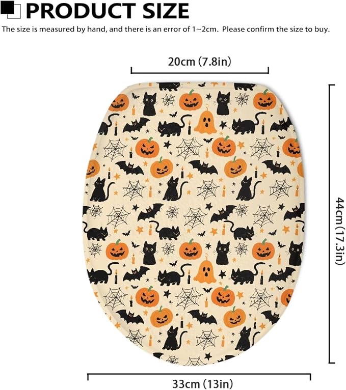 Toilet Lid Cover, Suitable for Most Round, Elongated and Oblong Toilet Seats, Bathroom Decorative Flannel Soft Toilet Lid Cover-Halloween Black Cat Pumpkins