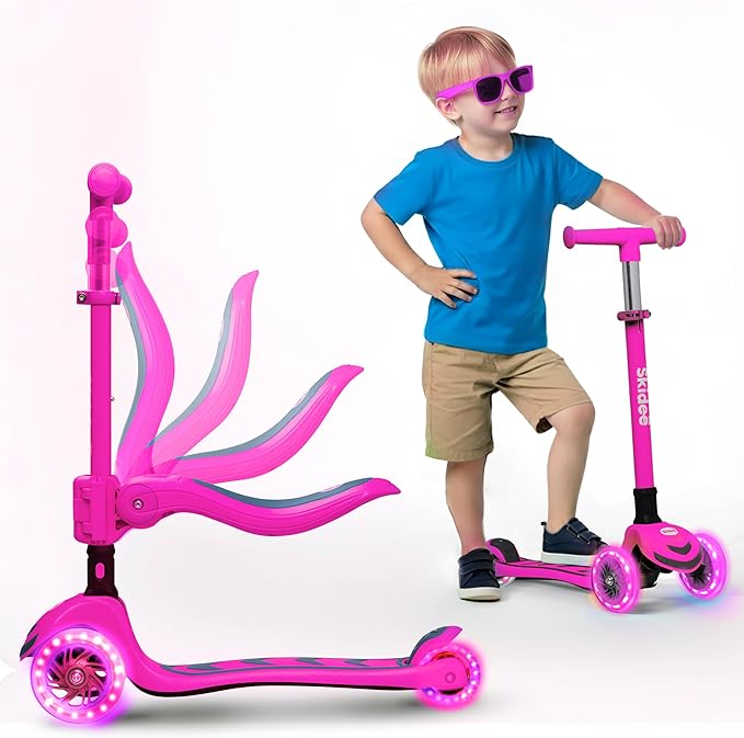 SKIDEE Kick Scooter for Kids Foldable 3 Wheel Scooter with Lean-to-Steer, Adjustable Height, Removable Seat & LED Light Wheels | Toddler Scooter Up to 12 Year Old Boys/Girls