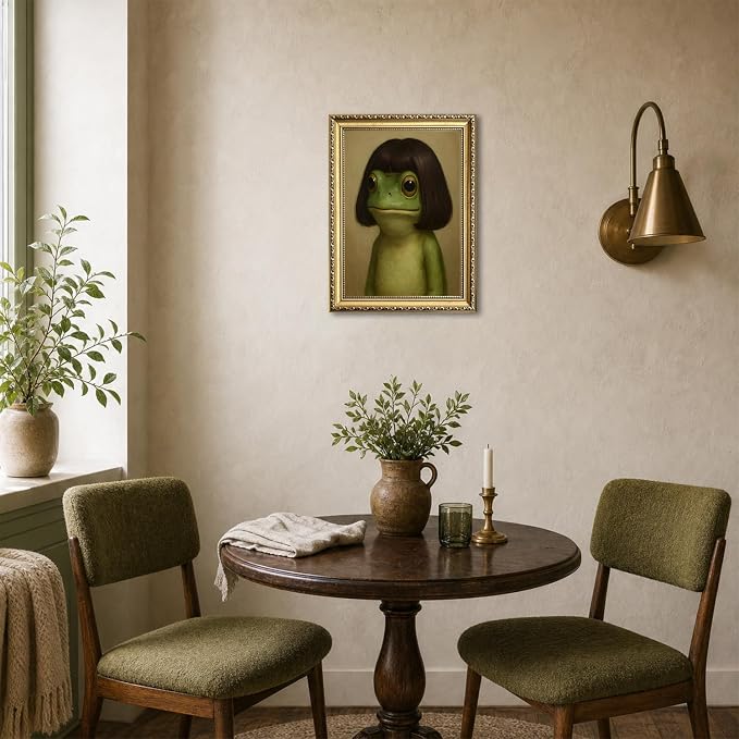 Gold Framed Funny Frog Wall Art, Whimsical Green Frog Wall Decor Painting Cute Animal Poster Canvas Prints Artwork for Living Room Bedroom Bathroom 12x16 inch