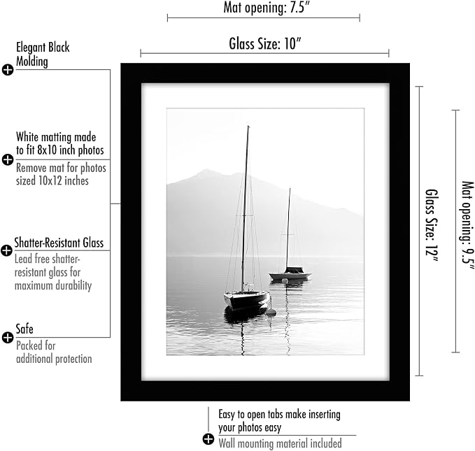 Americanflat 10x12 Picture Frame with Shatter-Resistant Glass - Use as 8x10 Frame with Mat or Display 10x12 Photo Without Mat - Signature Collection - Picture Frames for Wall Display - Black | Shatter-resistant glass, hangs vertical or horizontal, sawt...