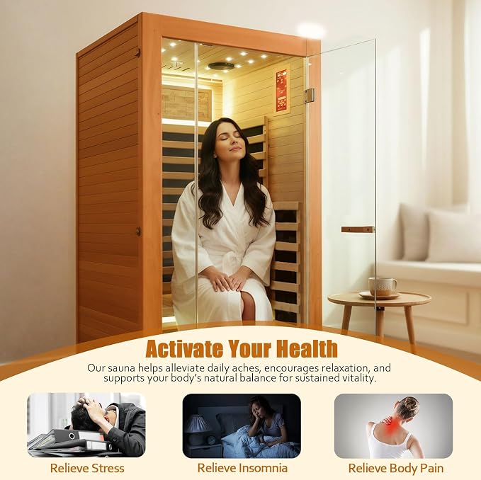 Far Infrared Sauna 1 Person Home Sauna Okoume Wood Indoor Saunas 1350W 120V with Red Light Bluetooth Speakers Oxygen Bar 35.4"x35.4"x70.9"