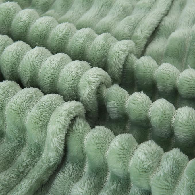 Sage Green Fleece Throw Blanket 50”×70” for Couch Sofa Livingroom | Super Soft Cozy Plush Microfiber Flannel Bed Blanket Striped Design Lightweight Home Decor Gifts for Adults Mom Women