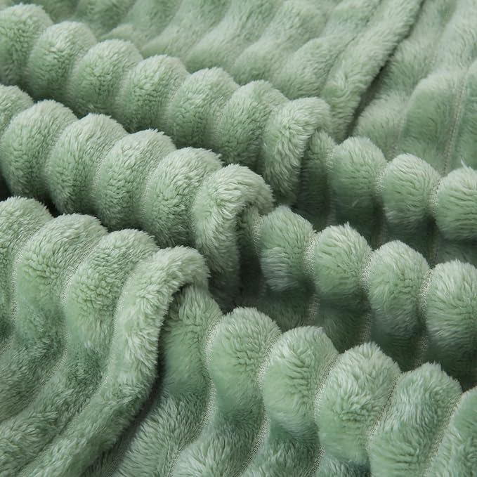Sage Green Fleece Throw Blanket 60”×80” for Couch Sofa Livingroom | Super Soft Cozy Plush Microfiber Flannel Bed Blanket Striped Design Lightweight Home Decor Gifts for Adults Mom Women