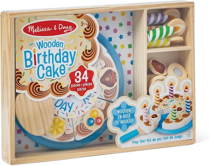 Melissa & Doug Birthday Party Cake - Wooden Play Food with Mix-n-Match Toppings and 7 Candles