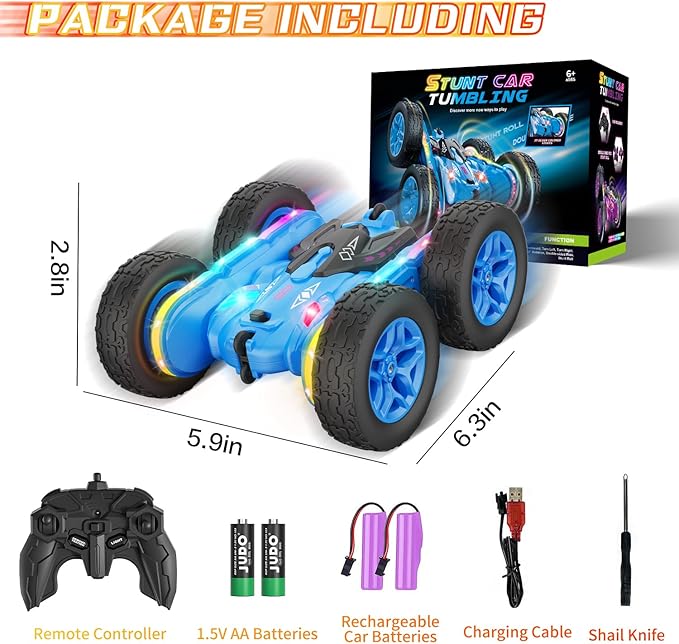 Remote Control Car, Rc Cars Stunt Kids Toys New Upgraded Strip Lights and Headlights Double-Sided 360ยฐ Rotating 4WD Drift Truck for Boys Girls Birthday Gift (Blue)