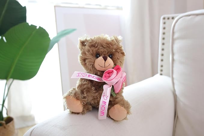 Plushland Mocha Teddy Bear with Pink Ribbon Rose -I Love Mom for Mom, Soft Stuffed Animal, Nursery Crib Decor, Brown Floral Bear 6 Inches