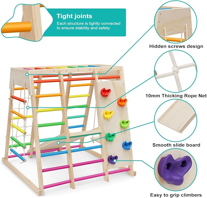 7 in 1 Pikler Indoor Playground Jungle Gym Playset, Wooden Montessori Climber with Slide, Rock Climb Wall, Monkey Bars, Rope Ladder, Climbing Rope and Swing for Kids(Rainbow)