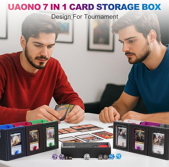 UAONO Commander Deck Box for MTG, 6-Deck Modular Card Case with Dice Tray Hold 600+ Double-sleeved Cards, Removable Trading Cards Storage Box with 35PT Magnetic Card Holders for TCG, Multicolour