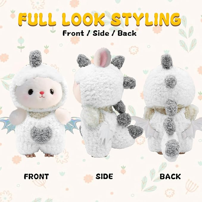17cm Doll Clothes for Lububu, Dinosaur Costume with Wings, Faking Animal Style Outfit for 6.7" Plush Doll, Handmade Jumpsuits for Keychain Accessories(White)