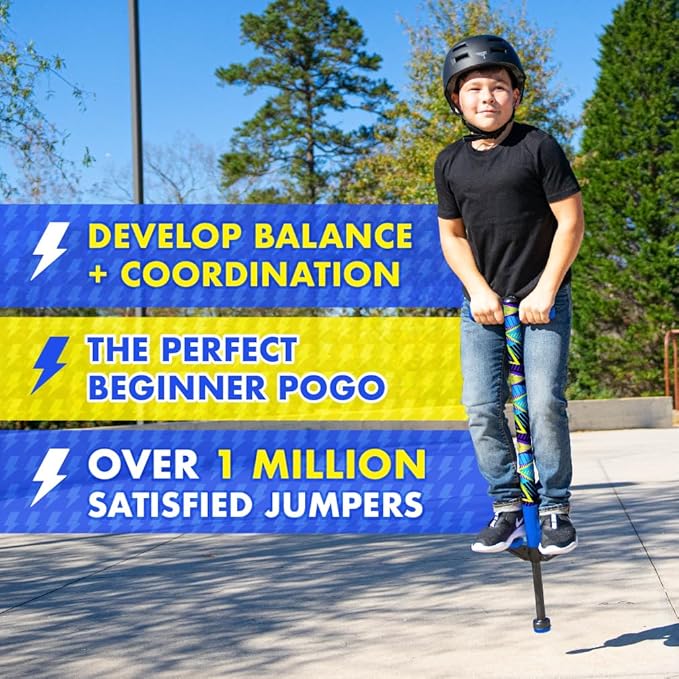 Flybar Jolt Pogo Stick for Kids, Perfect for Beginners w/Foam-Covered Metal Frame, Handles & Padding, Non-Slip Foot Pads, Wide Tip, Outdoor Active Play Toy for Boys & Girls, Ages 6+, Geo