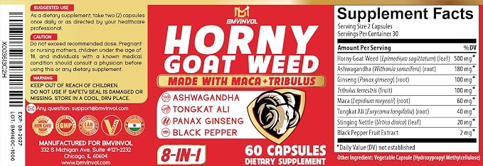 BMVINVOL Horny Goat Weed Capsules with Tribulus, Ginseng, Ashwagandha, Maca, Tongkat Ali, Nettle, Black Pepper - 60 Count