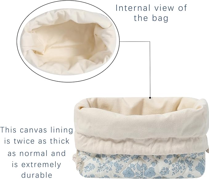 Cotton Quilted Drawstring Makeup Bag with Canvas Lining,Coquette Aesthetic Cute Travel Toiletry Bag,Drawstring Gift Bag for Women and Girls(11Blue Flower)