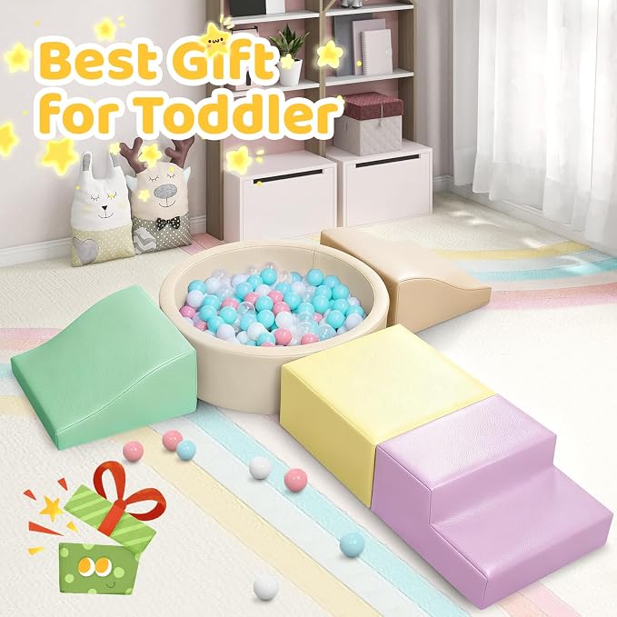 Hoohtoot Foam Climbing Blocks for Toddler: with 4-Piece PU Leather Climbing Toys and a Ball Pit - Foam Ball Pit for Toddlers - Climbing Toys Indoor for Kids Crawling (Yellow Climbing Blocks)