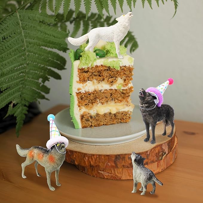 18 Pcs Wolf Miniature Birthday Hats & Figures Cake Toppers with Mini Hat for Birthday Party, Animal Themed Party